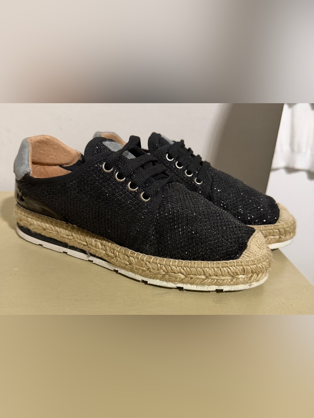 Kanna Spain Black Glitter Espadrille Sneakers Size 38 Platform Lace Up NWOT